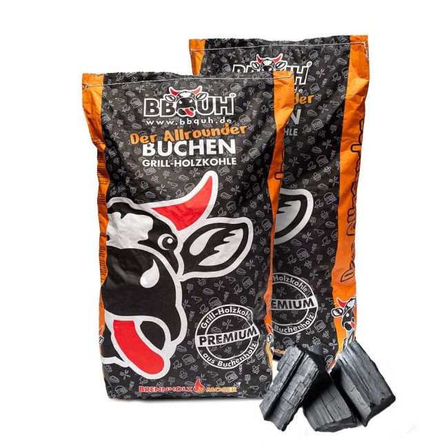 Holzkohle Buche für BBQ, Grillkohle groß, 20kg, Buchenholzkohle, Steakhouse Qualität, Premium Qualität, Körnung: 30-130mm, Weber Grill geeignet, 2x 10kg Sack, VERSANDKOSTENFREI